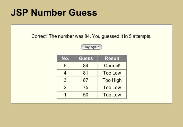 JSP implementation of Number Guess game upon completion of game.