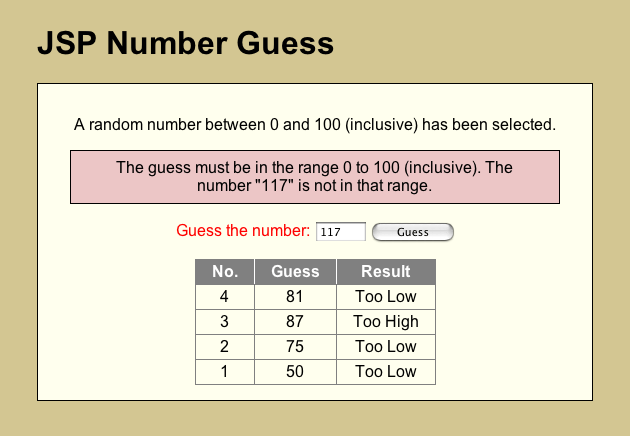 JSP implementation of Number Guess game upon receipt of bad input.