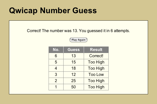Qwicap Number Guess application at completion of the game.