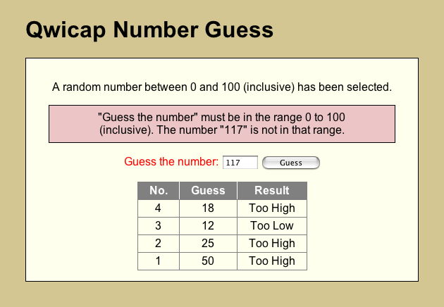 Qwicap Number Guess application after receiving bad input from the user.