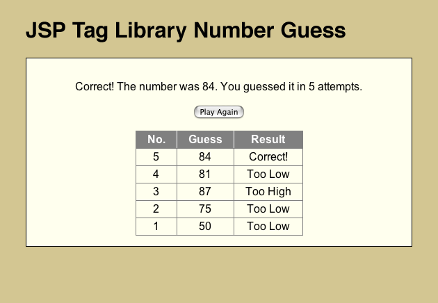 JSP implementation of Number Guess game upon completion of game.